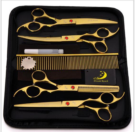7 inch 8 pcs Gold-plated Pet Shears Suit Pet Grooming advanced Pet Scissors curved scissors dog cat Hair Repair Animal Feather Repair