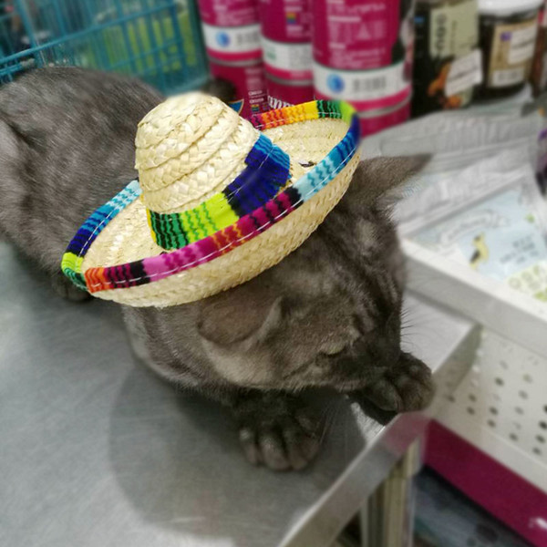 Mexican style pet mini dog straw hat cat visor elastic, cotton rope two optional pet leisure decorations