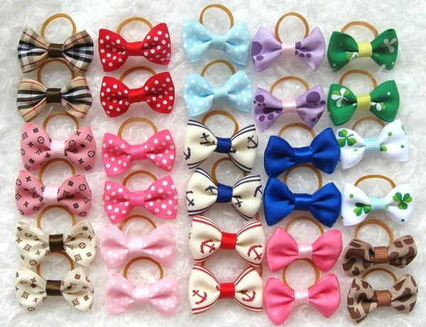 Mix 35*25MM wholesale pet jewelry fabric hair bows, dog bow tie decoration, dog hair bows show head bowtie ornaments rubber band ring flower