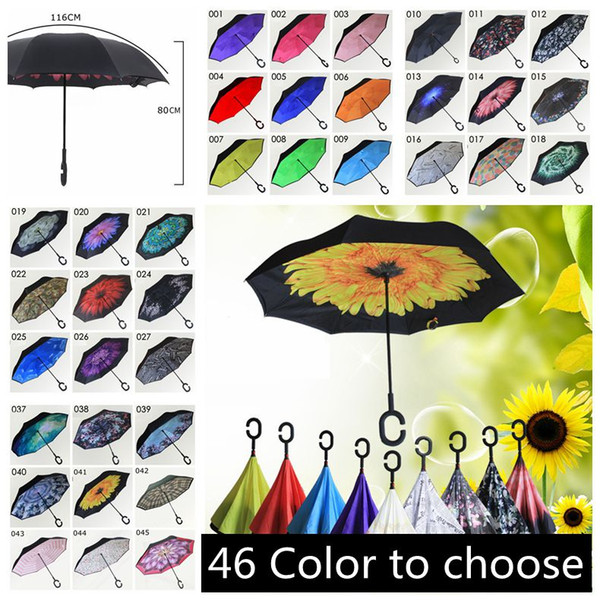 Outdoor Inverted Umbrella Windproof Inside Out Double Layer Nylon Fabric C-Hook Hands Sun Rain Folding Reverse Umbrellas YM001-YM046