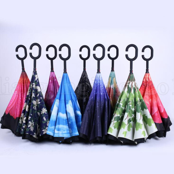 Creative Inverted Shade Umbrellas Double Layer With C Handle Inside Out Reverse Windproof Rainy Sunny Beach Reverse Umbrella KKA5223