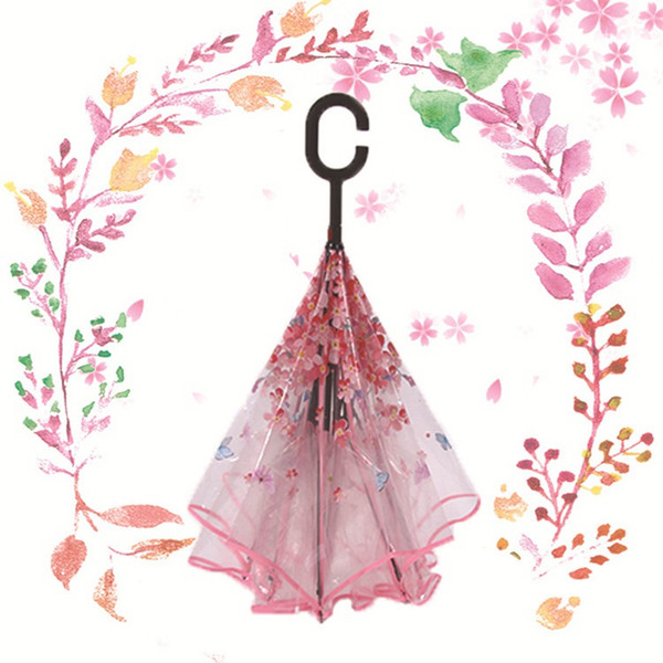 Clear Transparent Sakura Inverted Umbrellas 8 Bones Reverse Umbrella C Handle Waterproof Outdoor Double Layer Folding Umbrella Inside Out