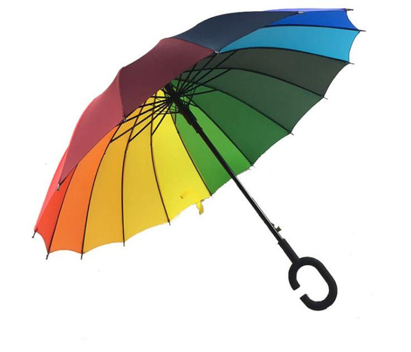C Hook Rainbow Umbrella Long Handle 16K Straight Windproof Colorful Pongee Umbrella Women Men Sunny Rainy Umbrella DHL Free