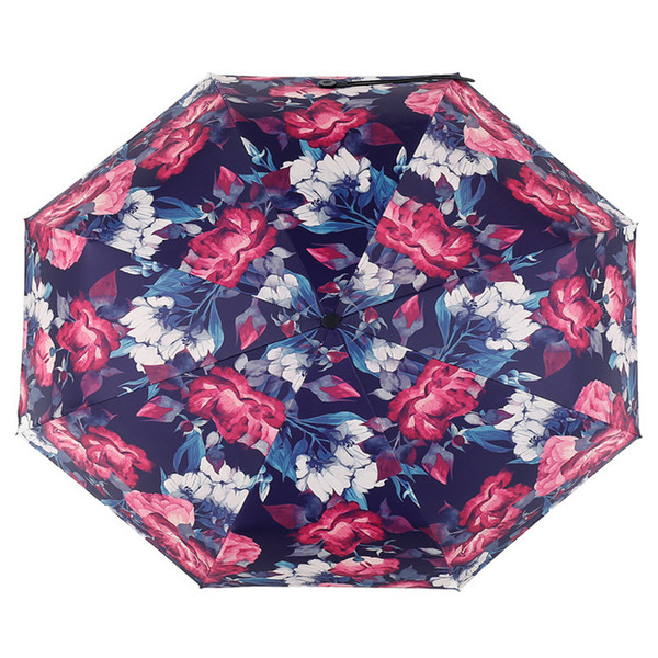 Umbrella Rain Women Three-folding Colorful Coating 3D Flower Print Women Windproof Umbrellas Parasol Black Coating