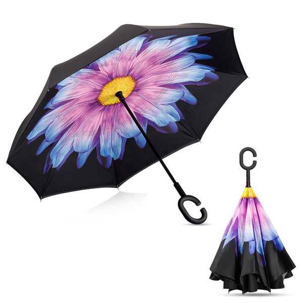 High Quality Windproof Reverse Folding Double Layer Inverted Chuva Umbrella Self Stand Inside Out Rain Protection C-Hook Hands