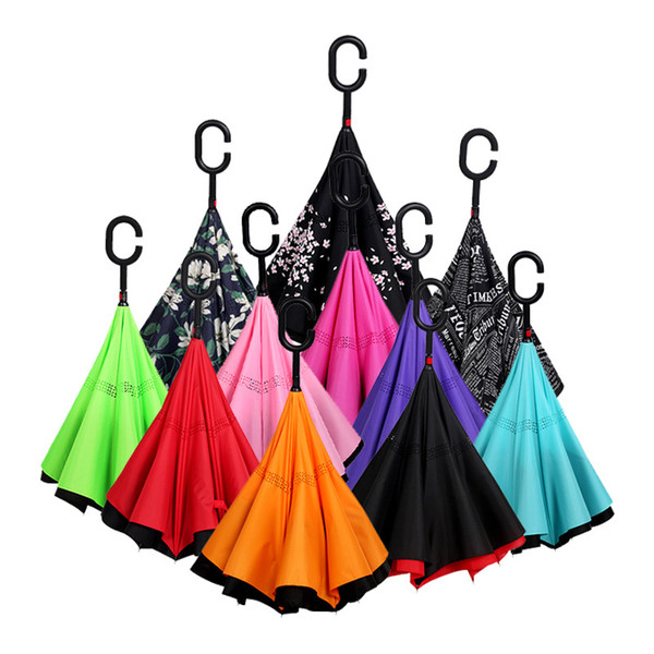 2017 Spring Promotion New Inverted Umbrellas 10 colors Creative Rainbow Umbrellas Double Layer Speical Reverse Umbrella with C-shaped Handle