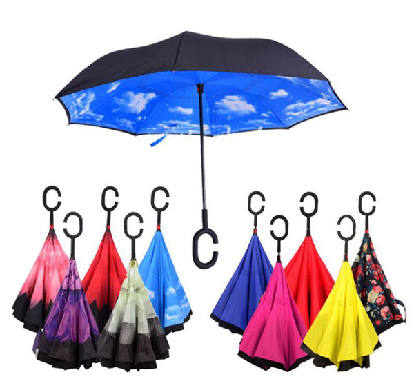 Windproof Reverse Folding Double Layer Inverted Chuva Umbrella Self Stand Inside Out Rain Protection C-Hook Hands For Car