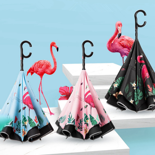 Cartoon Folding Reverse Flamingo Umbrellas Creative Double Layer Inverted C Hand Holder Stand Rain Windproof Rolling Over Umbrella TTA812