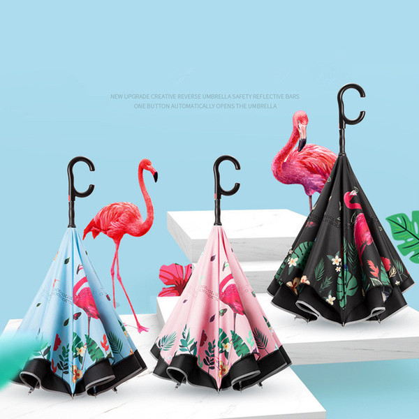 Flamingo Reverse Umbrella Safety Reflector Bar double-deck Semi-automatic Umbrella for Vehicles Fishing outdoor rain sun Umbrella FFA1967
