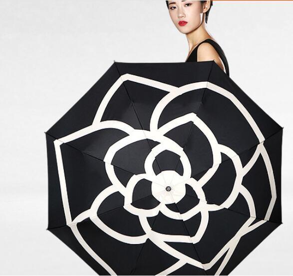 Women Umbrella luxury Classic Camellia logo Original fashion brand Portable automatic 3 Fold beach sunshade Rain Umbrella UV Bumbershoot