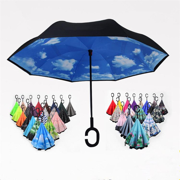 Hot Folding Reverse Umbrella 63 Styles Double Layer Inverted Long Handle Windproof Rain Car Umbrellas C Handle Umbrellas T2I384