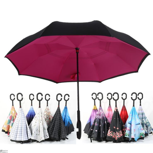 C Handle Windproof Reverse Folding Umbrella Man Women Sun Rain Car Inverted Umbrellas Double Layer Anti UV Self Stand Parapluie c848