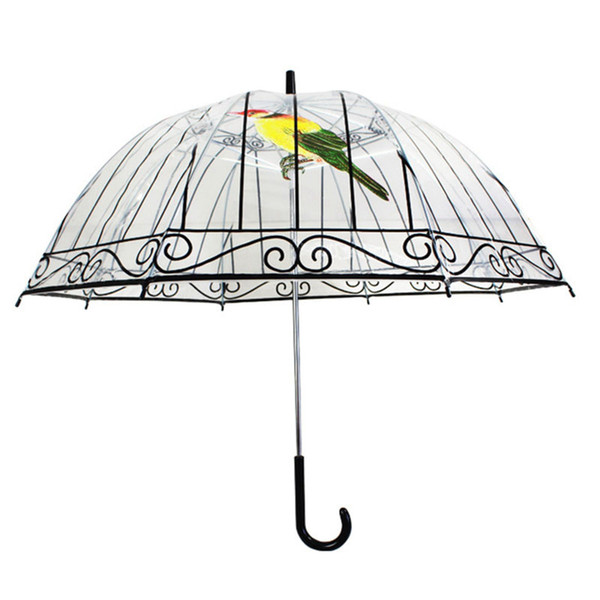 Yesello 1PCS Plastic EVA Transparent Umbrellas Cute Bird Cage Parasol Long-handle Rainy Clear Bubble Umbrella For Women