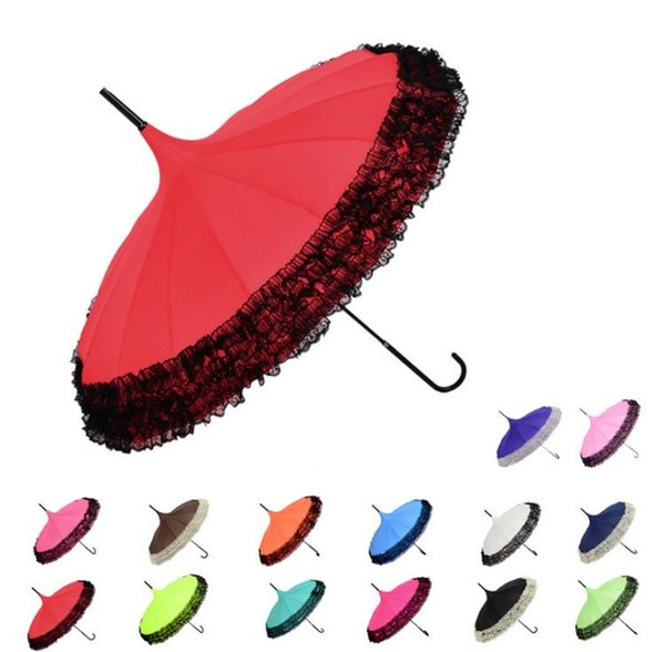 20pcs 14 Colors Pagoda Umbrella Long-handle Princess Lace Fancy Sunny and Rainy Umbrellas Lady Parasols 20180920#