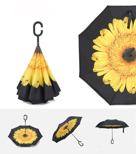 C-Hook Hands Umbrellas High Quality Windproof Reverse Folding Double Layer Inverted sunflower Umbrella Self Stand Inside Out Rain Protectio
