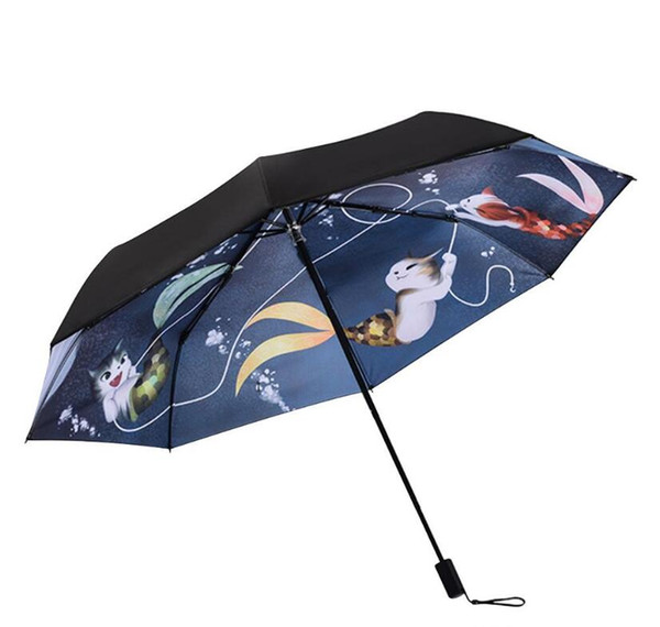 Windproof Travel Umbrellas Tri-fold umbrella Cat and fish playing in the water Vinyl umbrellas Sun Umbrella UV Protection external Umbrella