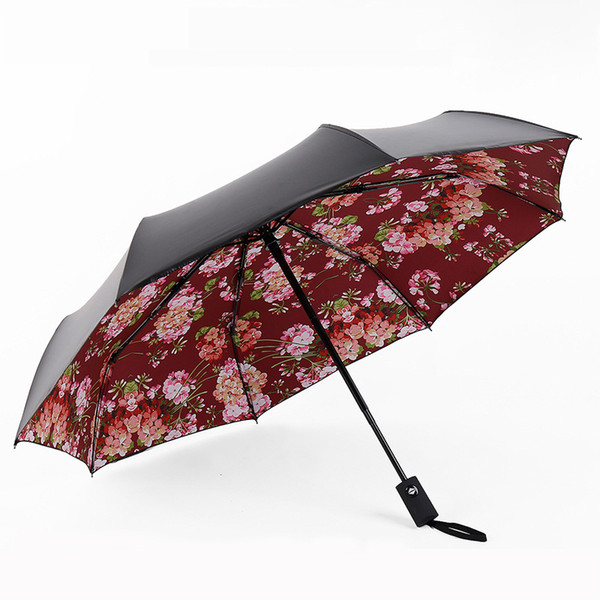 Retro floral semi-automatic wind-proof sunshade sunscreen 8 bone rain and rain dual-use three-fold black plastic umbrella.