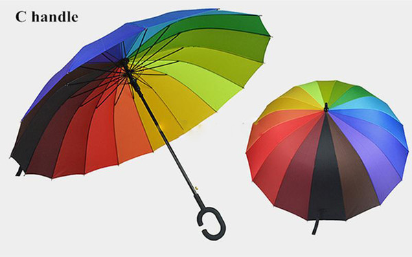 New C Hook Rainbow Umbrella Long Handle 16K Straight Windproof Colorful Pongee Umbrella Women Men Sunny Rainy Umbrella