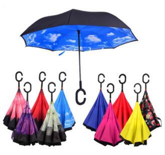Creative Inverted Umbrellas Double Layer With C Handle Inside Out Reverse Windproof Umbrella 19 colors