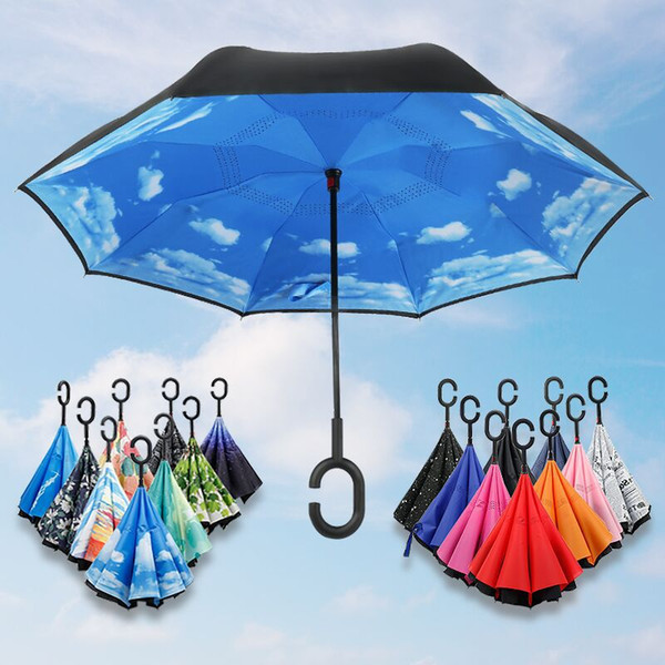 Creative C-handle Folding Reverse Umbrella Double Layer Inverted Solid color Windproof Rain Car parasol Umbrellas For Women