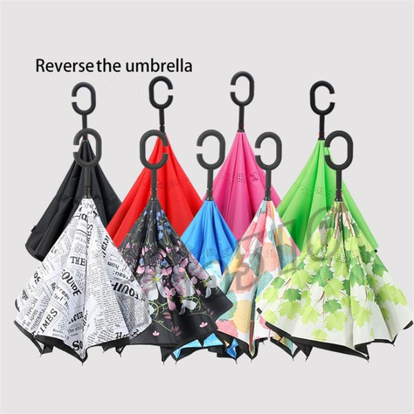 Newest Windproof Reverse Umbrella Folding Double Layer Inverted Rain Umbrella Self Stand Inside Out Rain Protection C-Hook Hands I479