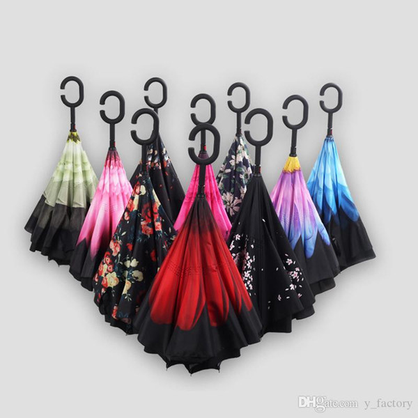 76 colors Umbrella Windproof Reverse Folding Double Layer Inverted Chuva Umbrella Self Stand Inside Out Rain Protection C-Hook Hands