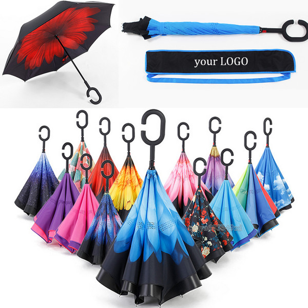 High Quality Windproof Reverse Folding Double Layer Inverted Chuva Umbrella Self Stand Inside Out Rain Protection C-Hook Hands