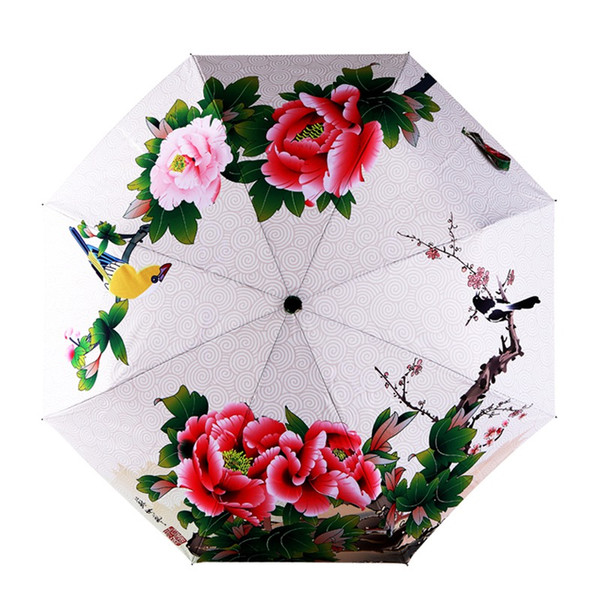 Best Selling Women Rain Umbrella Peony Painting Parasol Windproof Anti-UV Folding Umbrella 8 Ribs