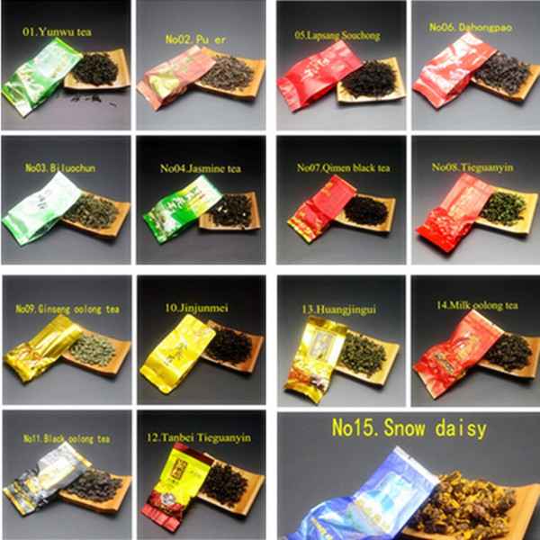 15 different flavors of Chinese tea,including Dahongpao,oolong tea,green tea,pu er,Tieguanyin,black/white tea,free shipping