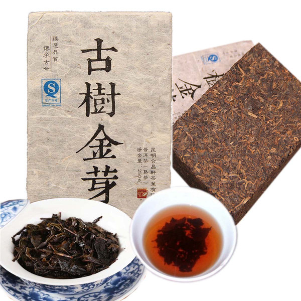Yunnan Pu'er Ripe Tea Black Tea 100% Natural BoKu Ancient Tree Golden Bud Puerh Cooked Tea Brick 250g