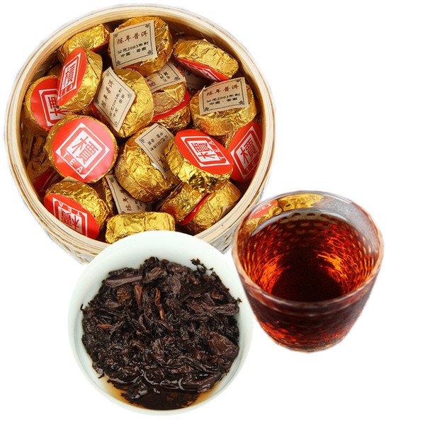 High Quality Pu'er Cooked Tea Small Golden Cake Old Ripe Puer Premium Small Bamboo Basket 500g