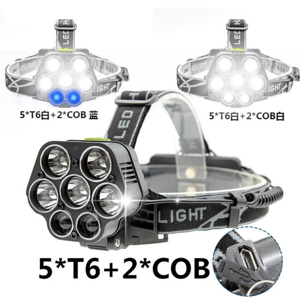 6 Mode 5LED + 2COB USB Rechargeable LED Head Light Lamp T6 Outdoor Camping Headlight Headlamp Construction Tools I316