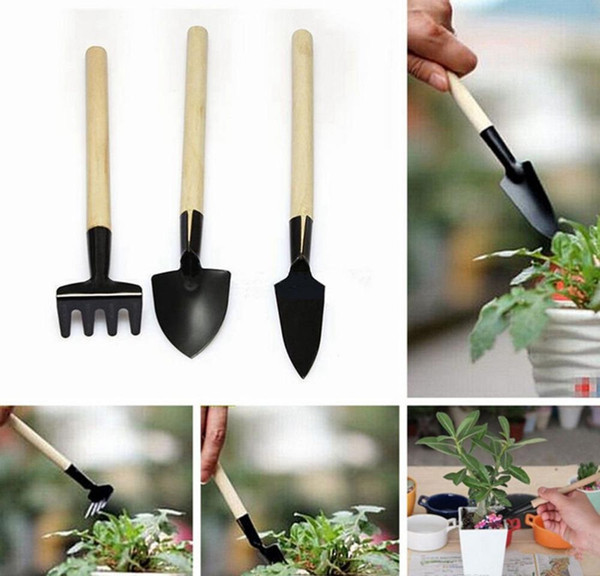 3Pcs/Set Mini Garden Hand Tool Kit Plant Gardening Shovel Spade Rake Trowel Wood Handle Metal Head Gardener