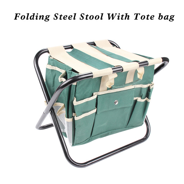 Garden Tool Set With Folding Steel Stool And Detachable Canvas Tool Tote Bag All-In-One Tool Bag With Multiple Pockets Green