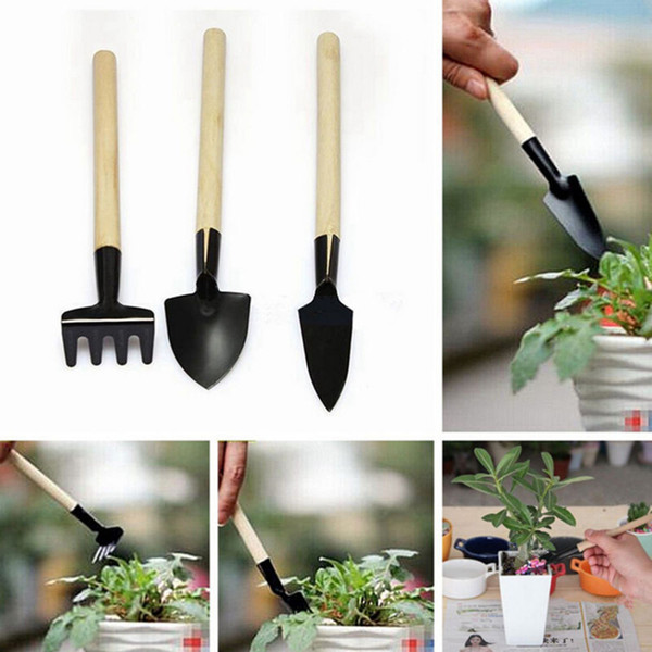 3Pcs/1set Plant Gardening Shovel Spade Rake Trowel Wood Handle Metal Head Gardener Mini Garden Hand Tool Kit