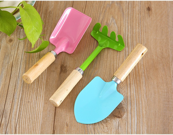 3pcs/set Mini Wooden Handle Small Shovel Metal Garden Rake Gardening Spade Kids Garden Tools W9978