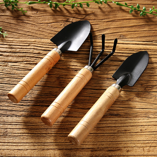 Mini Three Piece Flower Planting Tools Rake Spade Wood Handle Metal Head Kids Tool Pretend Play Toy Set Gifts For Boys Girls