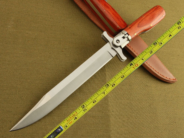 Free Shipping New 12'' 440 Blade Survival Bowie Large Wood Handle Botton Lock Folding Knife