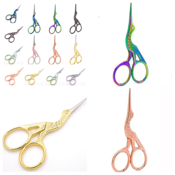 New 8 color stainless steel crane scissors animal carving retro gilt scissors nose hair scissorss Beauty scissors T2I5118