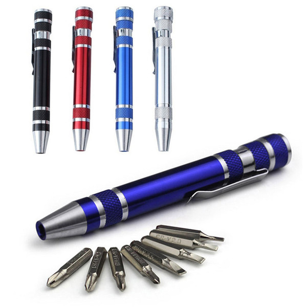 Portable 8 In 1 Screwdriver Pen Set Aluminum Electronics DIY Repair Tool Sets Bits Precision Mini Slotted Screw Driver Tools