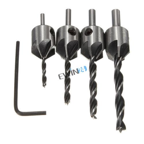 4PCS HSS 5 Flute Carpentry Countersink Drill Bit Set Woodworking Tool Woodworking Chamfer 3mm-6mm + Hex Shank