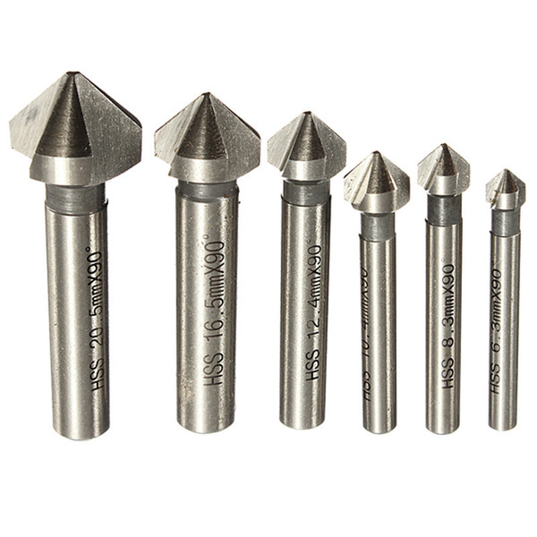 Round shank 6pcs 3 Flute 90 Degree HSS Chamfer Chamfering Cutter End Mill Tool Countersink Drill Bit Set 6.3-20.5MM