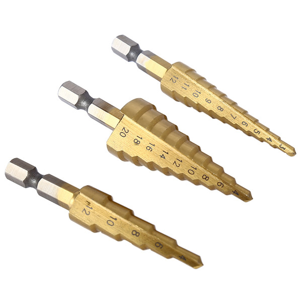 3pcs HSS 4241 Step Cone Drill Bit Set Hex Shank Hole Cutter Hole Cutter Titanium Coated Metal Drill Bit Cut Tool Set Hole Cutter +NB