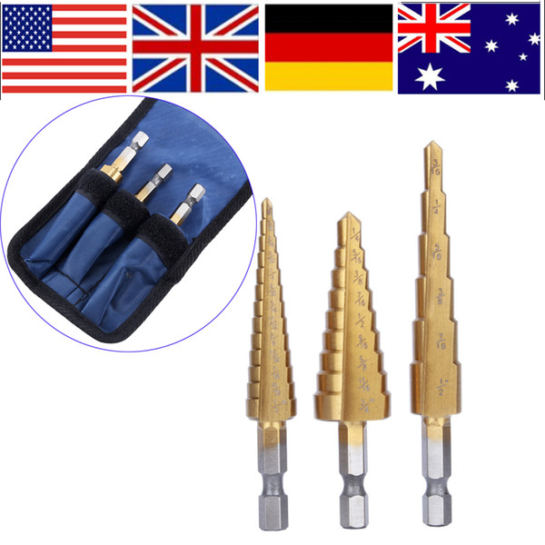 Freeshipping 3Pcs broca escalonada para metal Step HSS Steel Cone Titanium Coated Drill Bits Tool Set Hole Cutter kit de brocas Step Drill