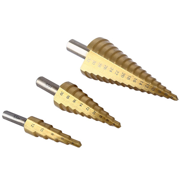 3pcs/set HSS Titanium Step Cone Metal Drill Bits 4-12mm 4-20mm 4-32mm Hole Cutting Woodworking Metal Wood Drilling Power Tools