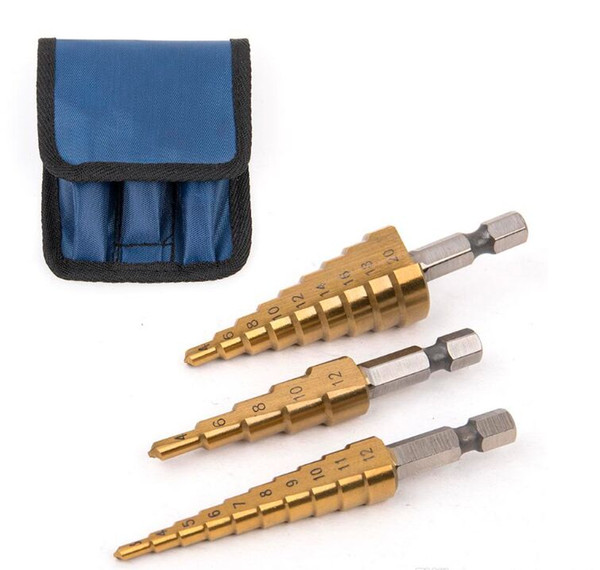 3pcs HSS Steel Titanium Step Drill Bits 3-12mm 4-12mm 4-20mm Step Cone Cutting Tools Steel Woodworking Wood Metal Drilling Set