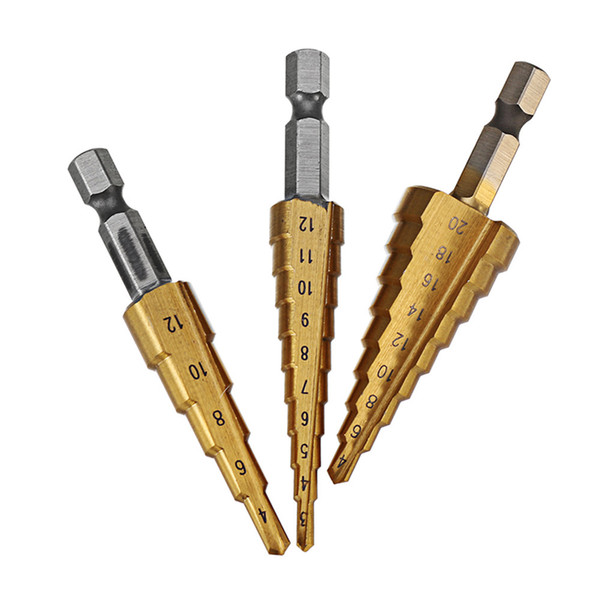 Drillpro 3Pcs 1/4 Inch Hex Shank HSS Titanium Coated Step Drill Bit Set 3-12/4-12/4-20mm