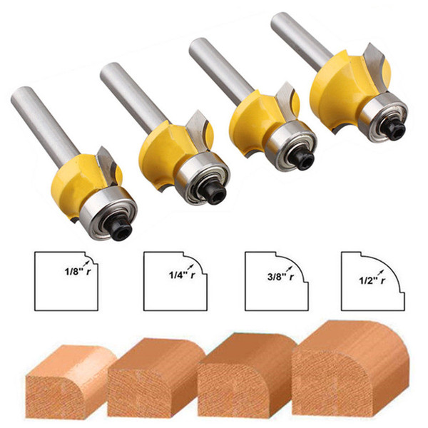 4Pcs Round Over Edging Router Bit Milling Woodworking Cutter Tool Set 1/4'' Shank 1/2'' 3/8'' 1/4'' 1/8'' Radius