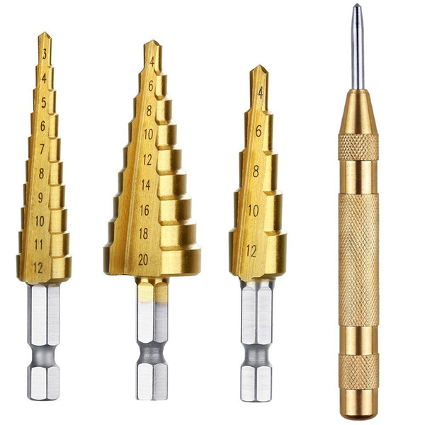 HSS Steel Titanium Step Drill Bits 3-12mm 4-12mm 4-20mm Step Cone Woodworking Metal Drilling Set , Automatic Center Punch