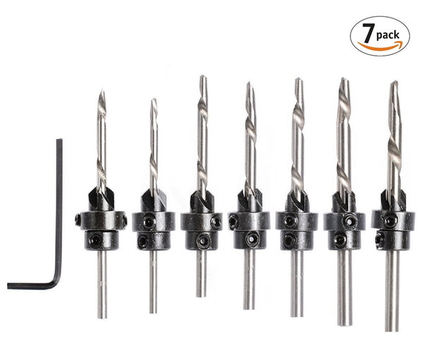 7-Pc Countersink Drill Bit Set with Stop Collars & Wrench, Perfect for Wood | Quick Change Pre-Drill Counterbore Drill Bits Made for Screw